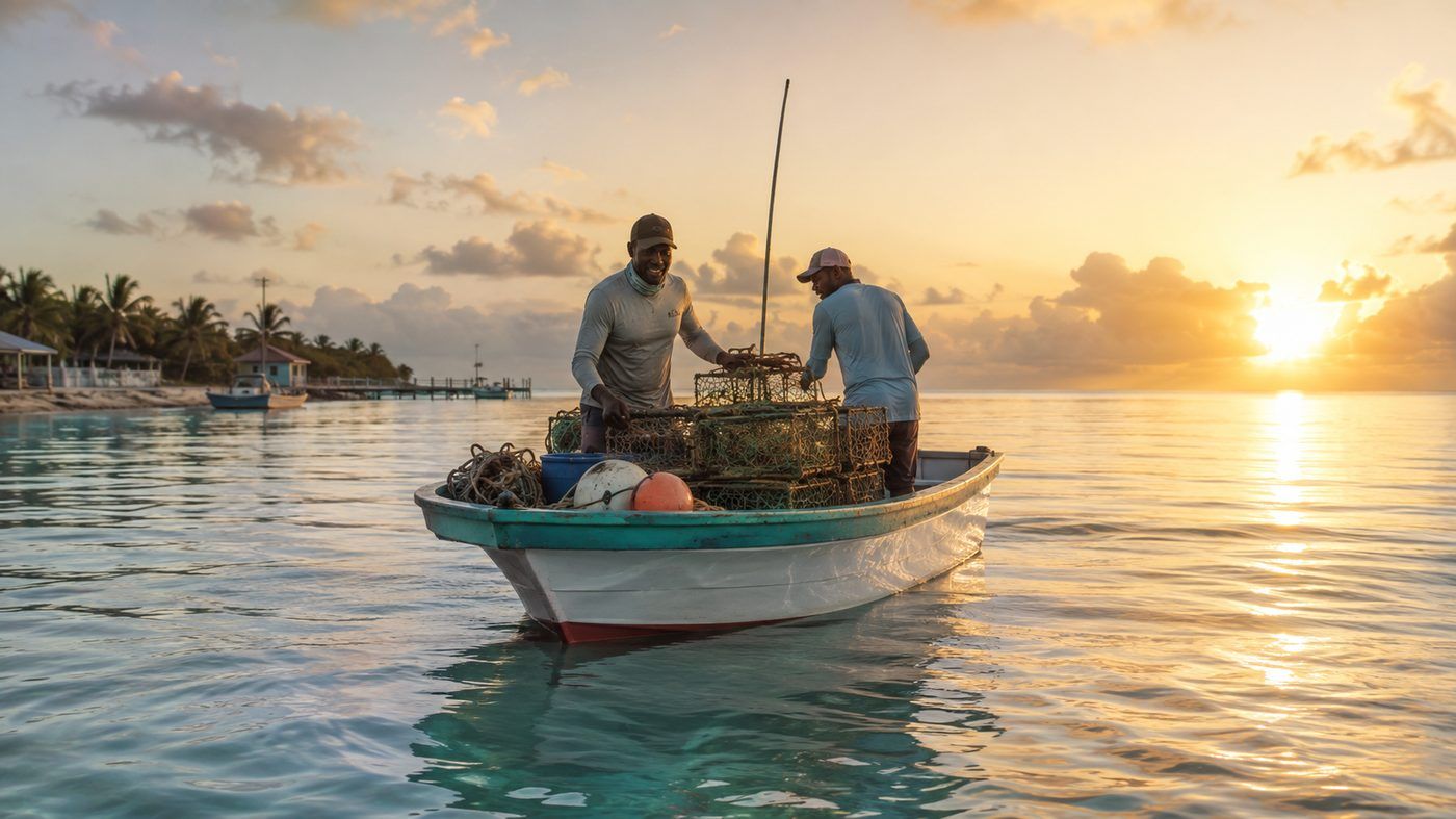 Fishers hauling lobster traps at sunrise