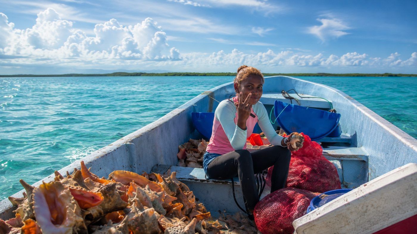 A morning conch harvest aboard a skiff