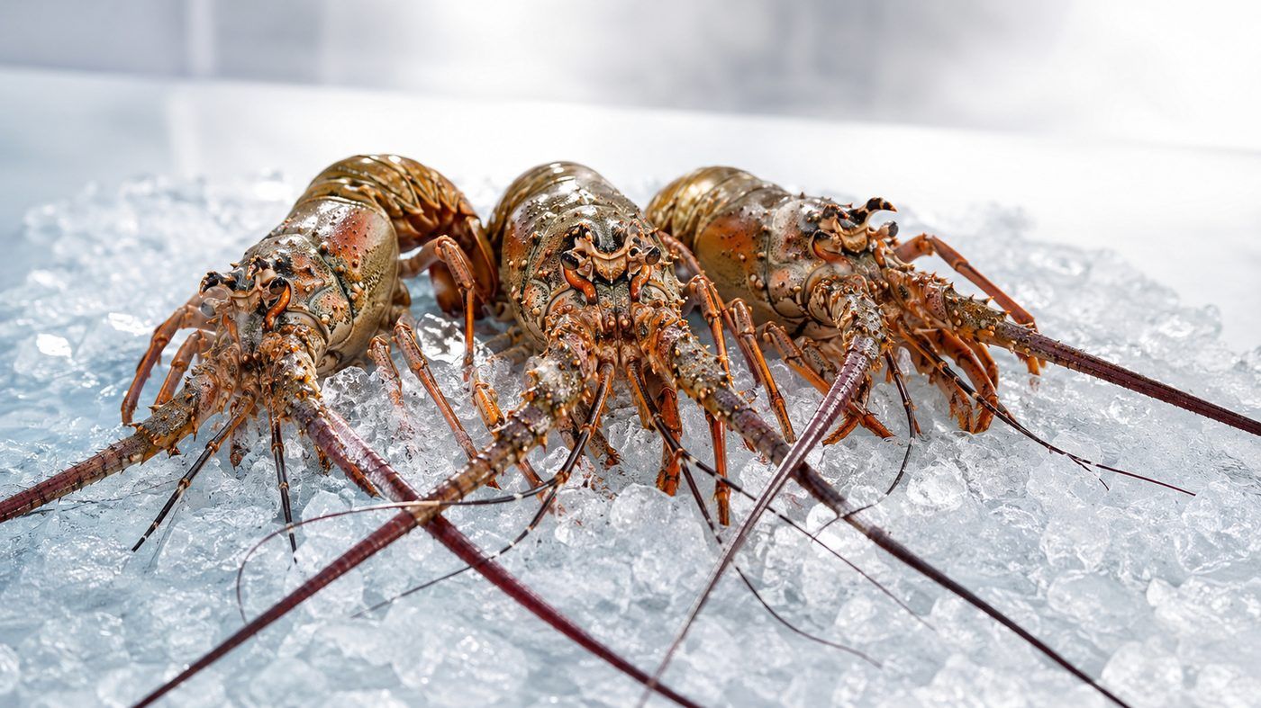Three Caribbean spiny lobsters presented whole on crushed ice.
