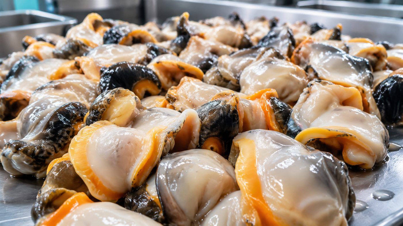 Close-up of cleaned conch meat laid out on a stainless steel table during handling.
