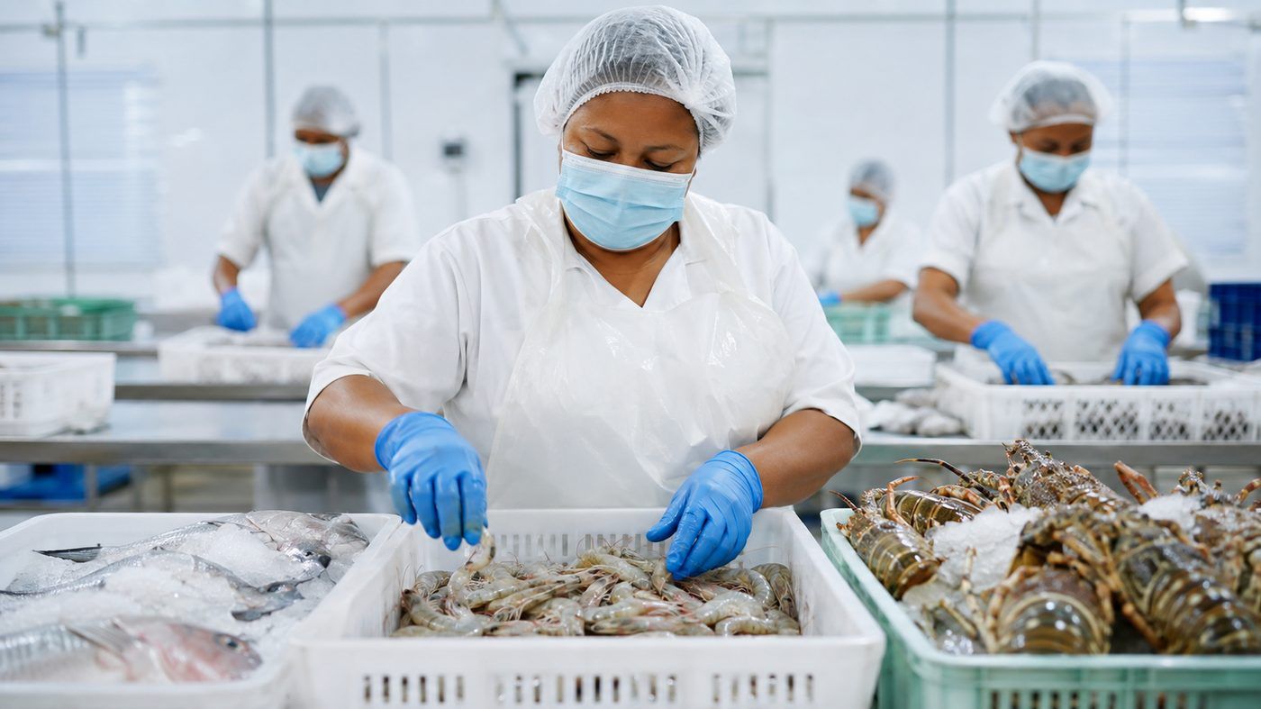 Workers in hairnets, masks and gloves grading shrimp, fish and lobster in a clean processing room.