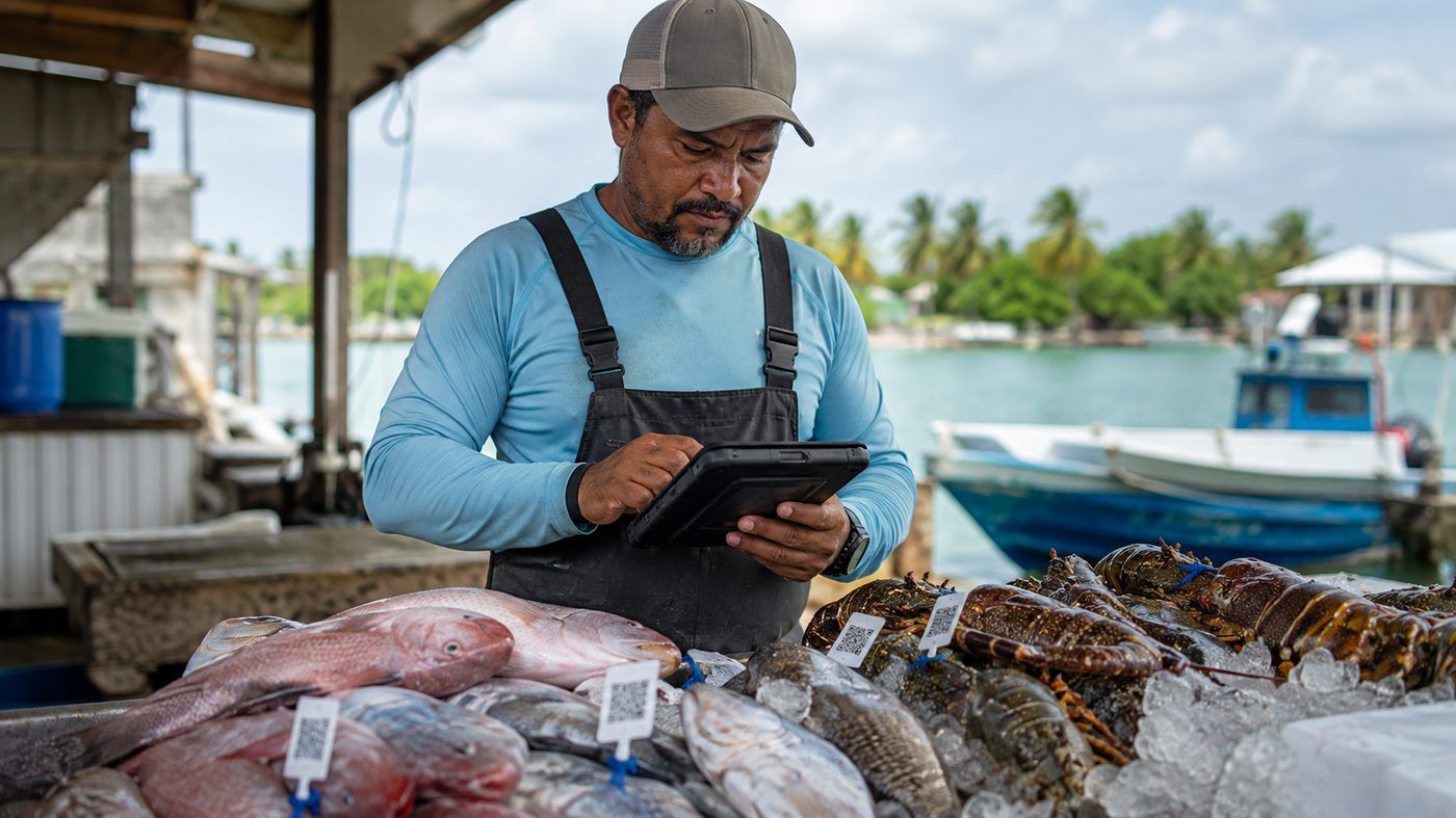 A worker at a dockside table entering catch information on a tablet beside tagged fish and lobster.