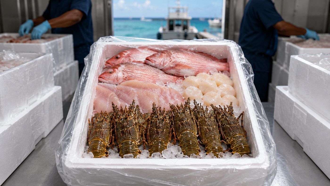 A lined export box packed with snapper, fillets, scallops and spiny lobster on ice at a dock.
