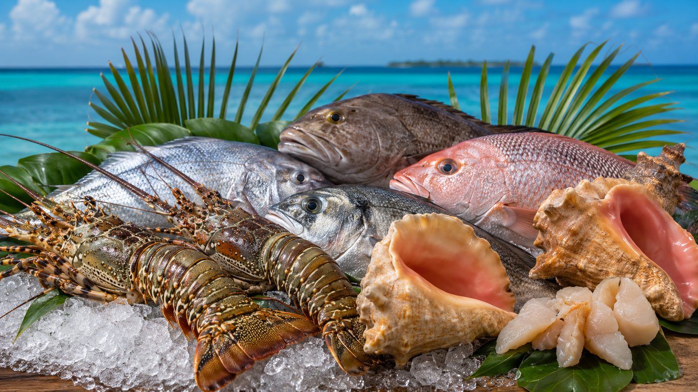 A spread of Belizean seafood including spiny lobster, queen conch, snapper and reef fish on ice by the sea.